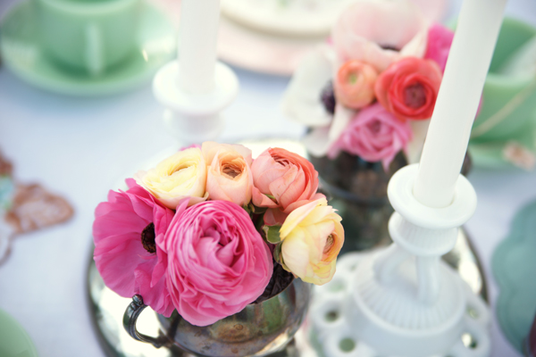 Bright pink and yellow centerpiece at bridal tea party | Maine Wedding & Portrait Photographer