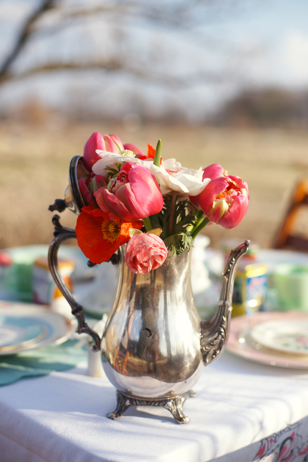 Wedding floral centerpiece in vintage tea pot | Maine Wedding & Portrait Photographer