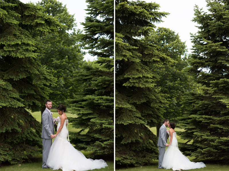 Bride and Groom by Pine Trees