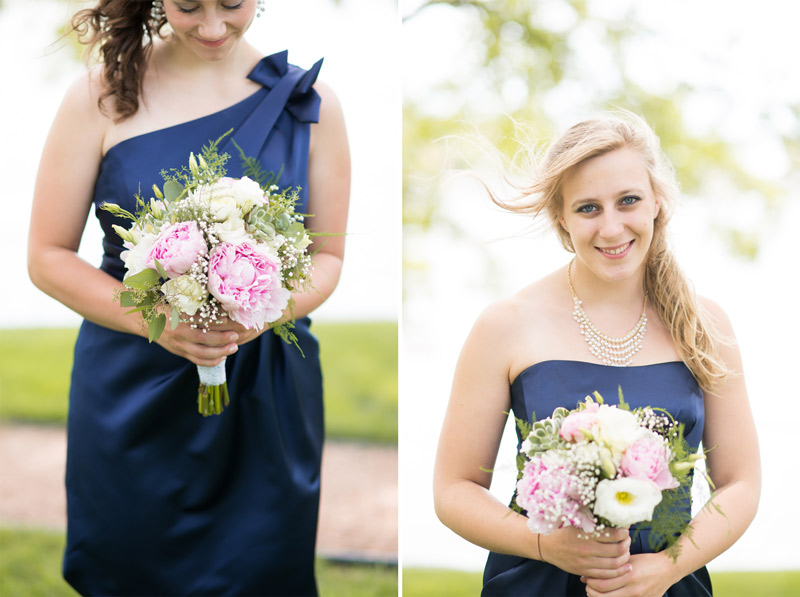 bridesmaids-blue-dresses-one-shoulder-navy-green-pink-roses-peonies