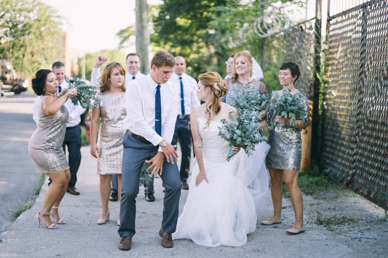 Bridal party with gold glitter dress and eucalyptus bouquets