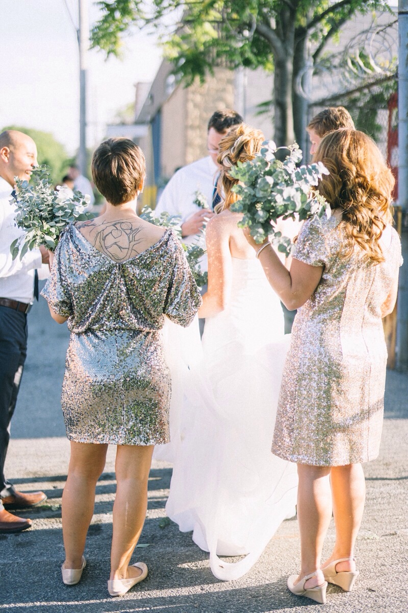 Urban Chicago street wedding gold glitter bridesmaid dresses 