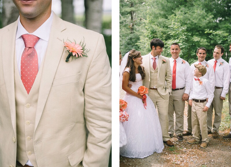 Coral and tan bridal party Maine wedding