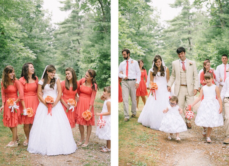 Coral and tan wedding pictures Maine woods Scarborough 