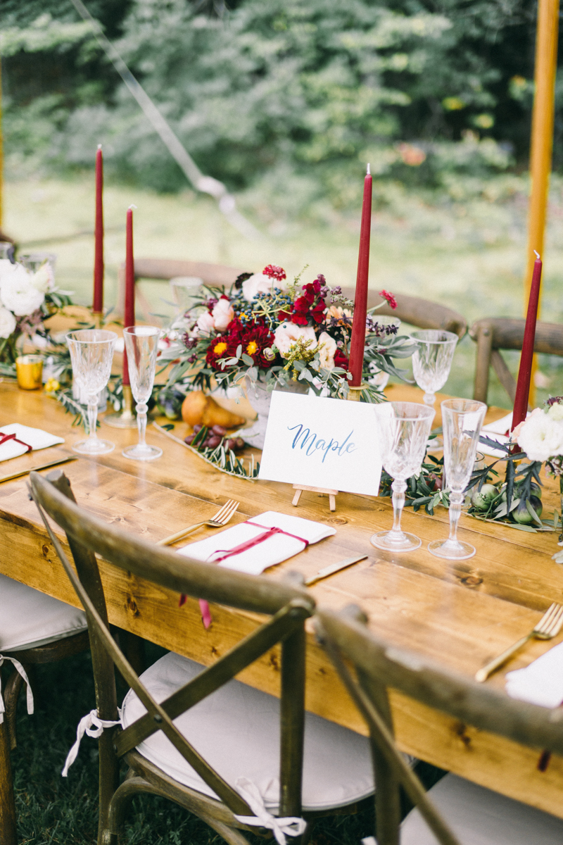Backyard Brunch wedding with fall palette in Dayton Maine