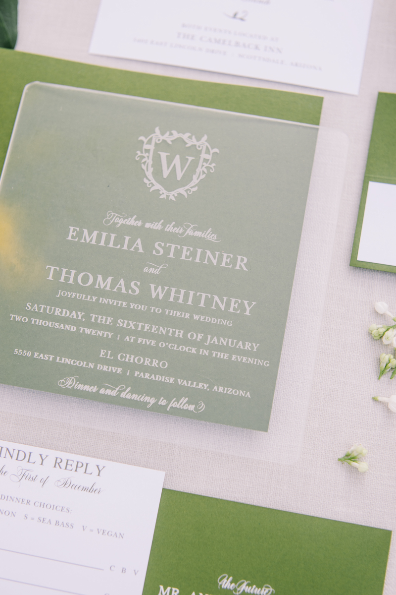 green and white lucite acrylic invitation suite