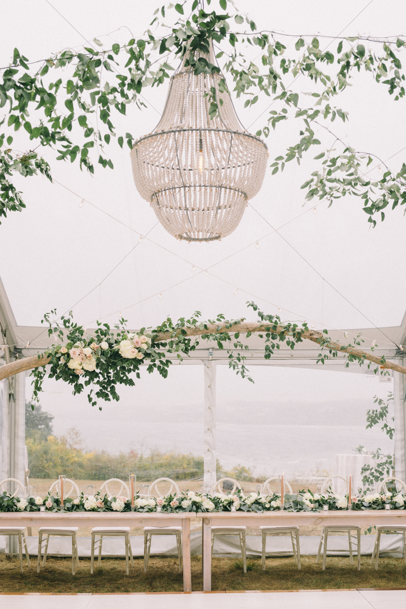 clear tent wedding with drift wood accents