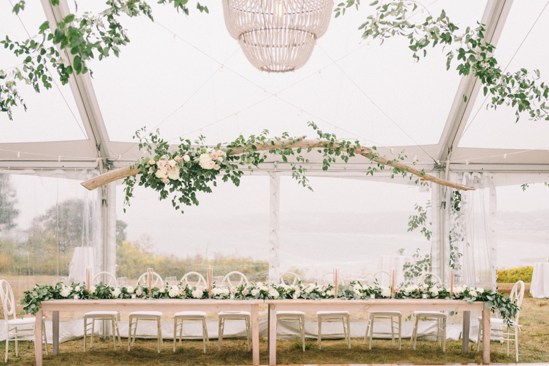 clear tent wedding with drift wood accents