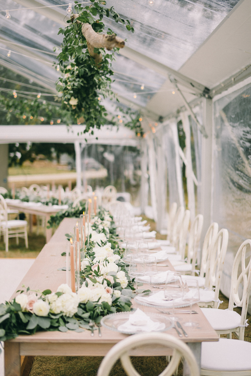 clear tent wedding with drift wood accents