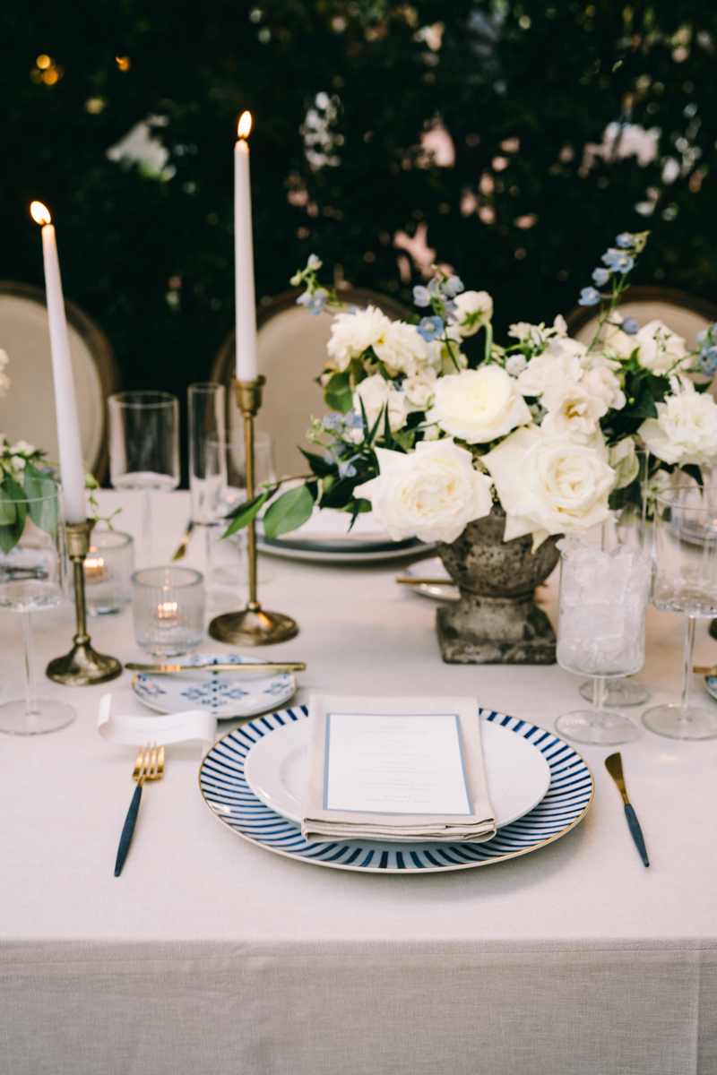 blue and white secret garden welcome dinner