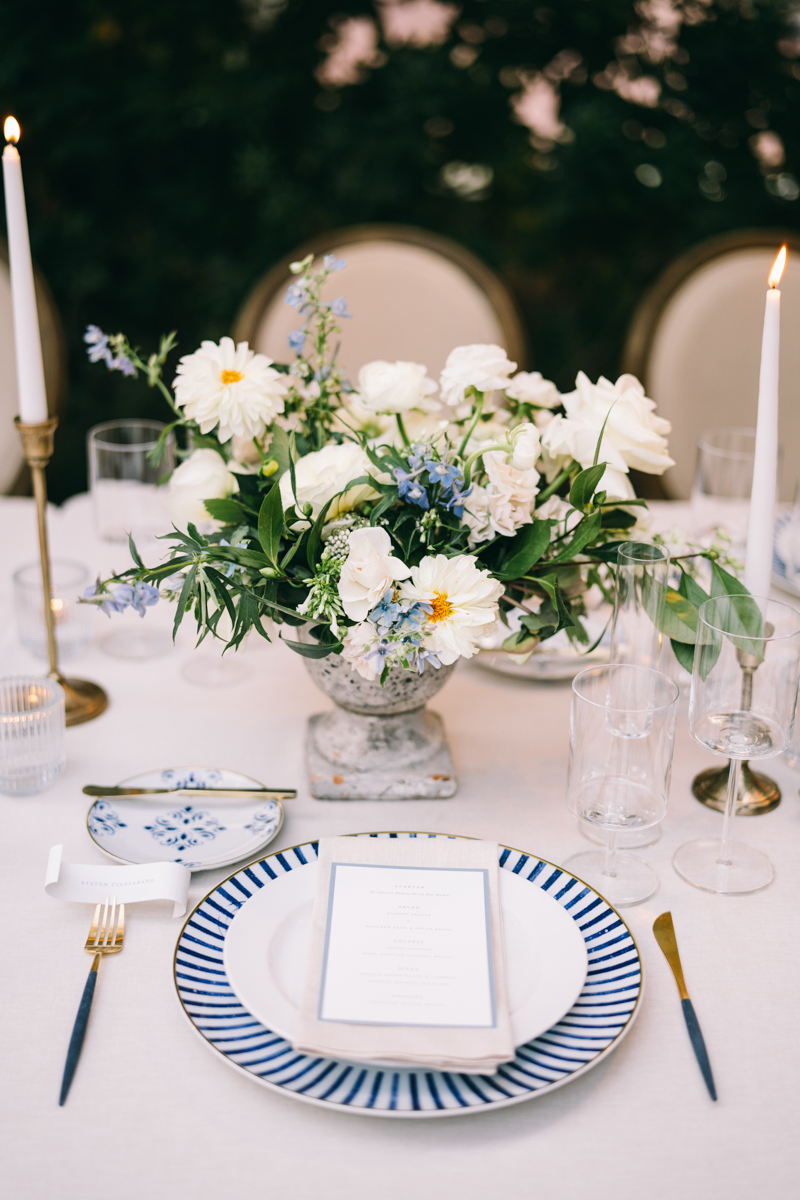 blue and white secret garden welcome dinner