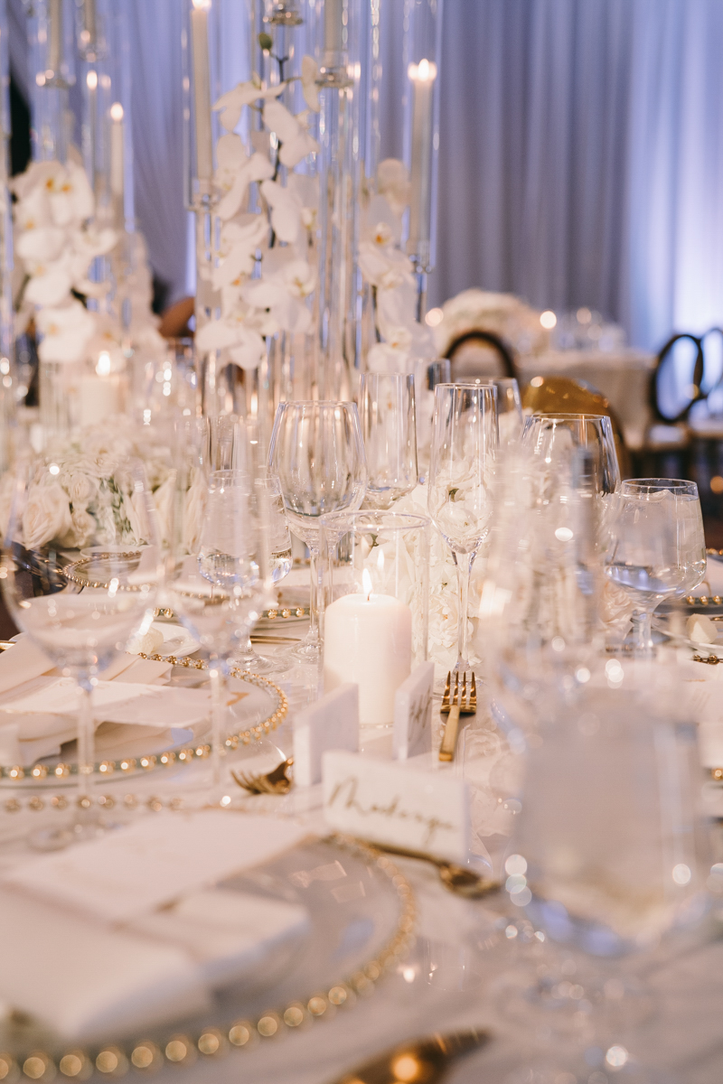 white orchids and white roses wedding with gold accents