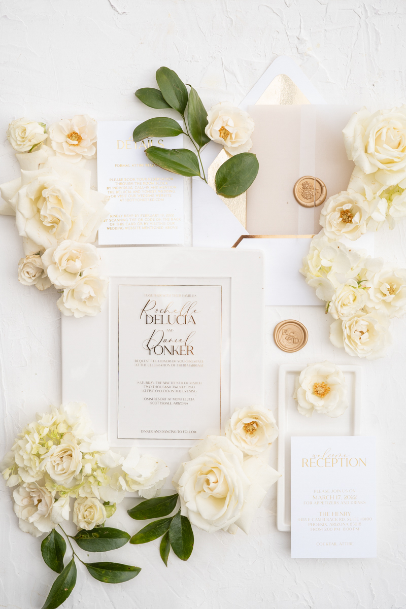 all white and acrylic invitation suite