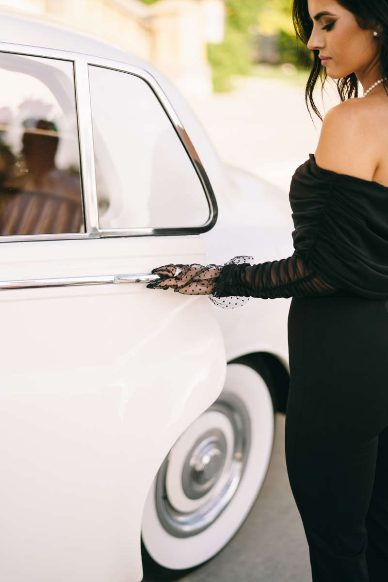 vintage engagement session with bentley car