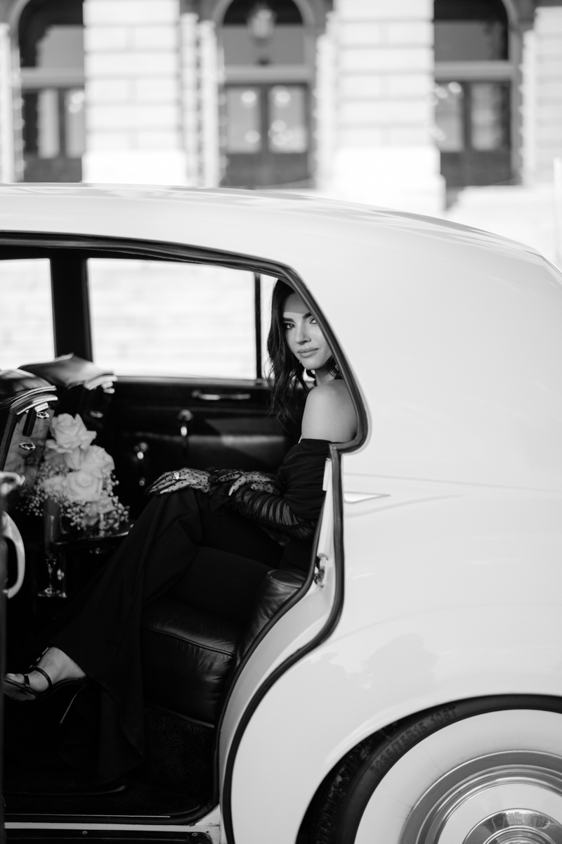 vintage engagement session with bentley car