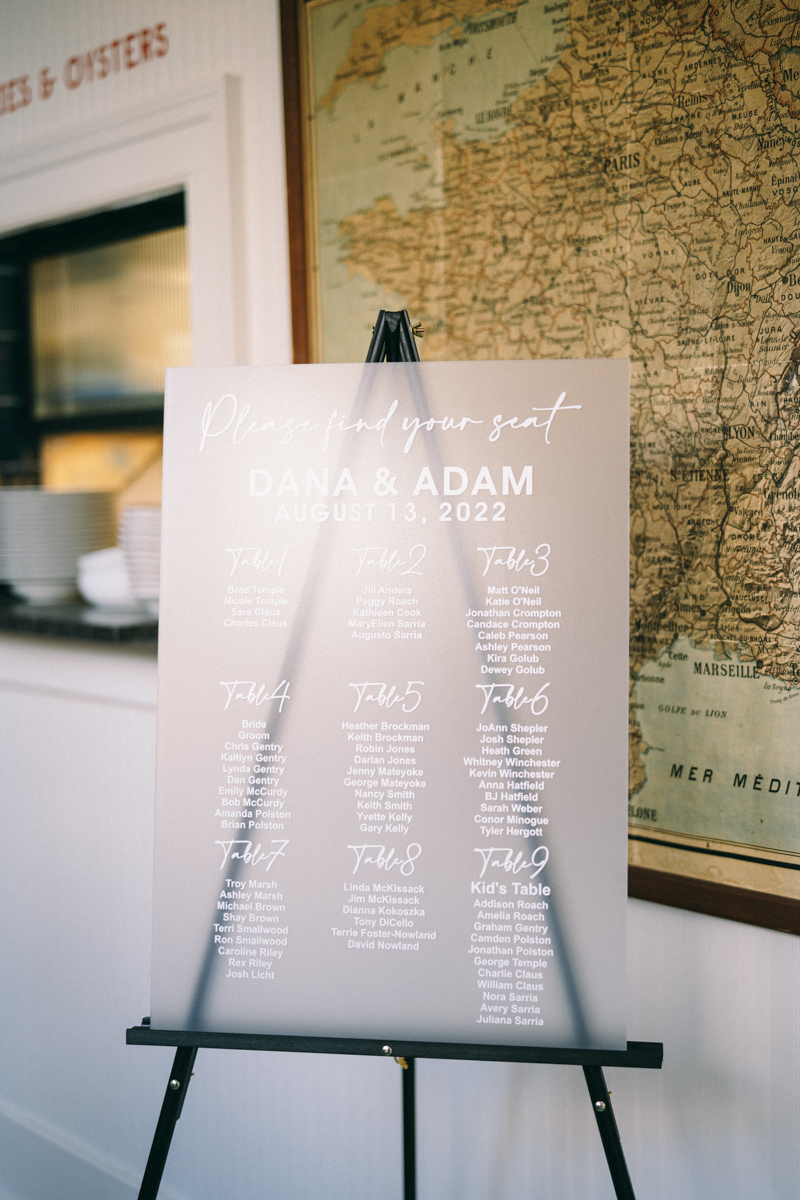 Opaque seating chart for wedding guests in luxury hotel 