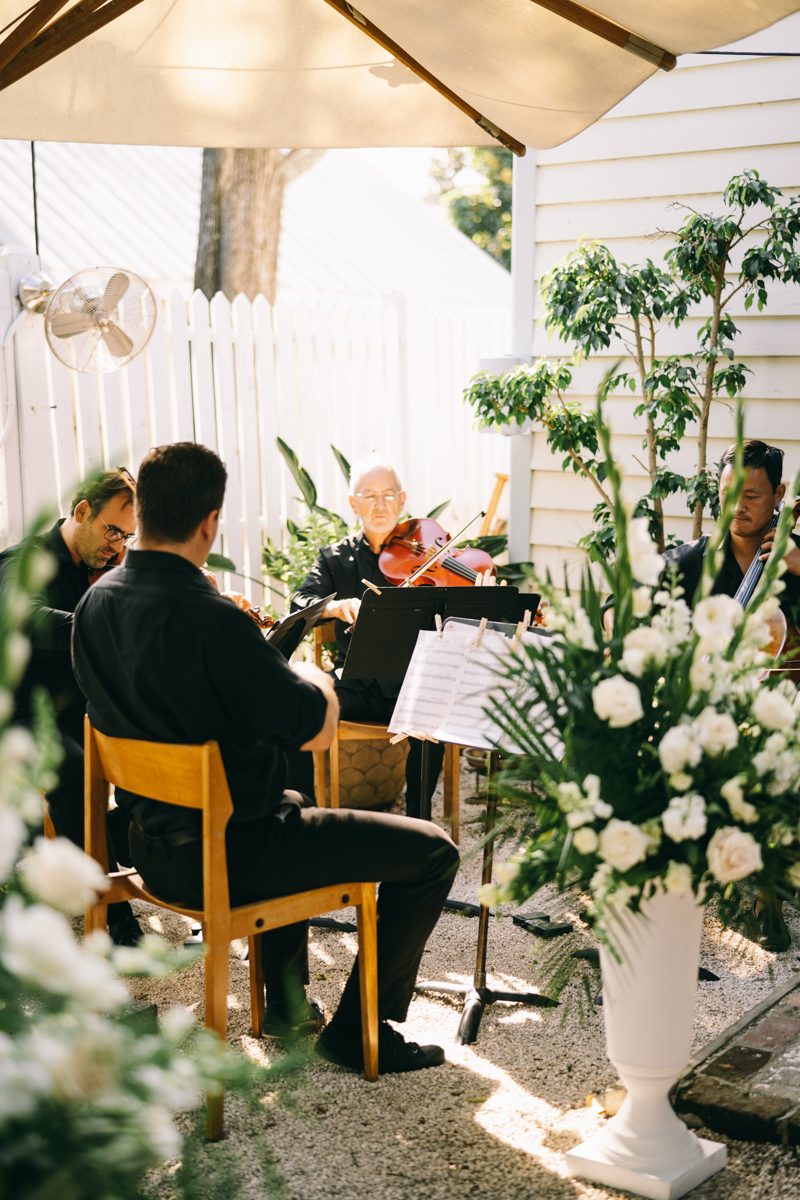 Wedding musicians practicing their music surrounded by greenery