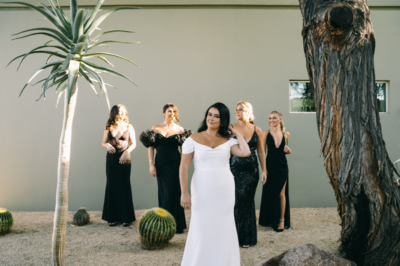 bride posing with bridesmaids in the background