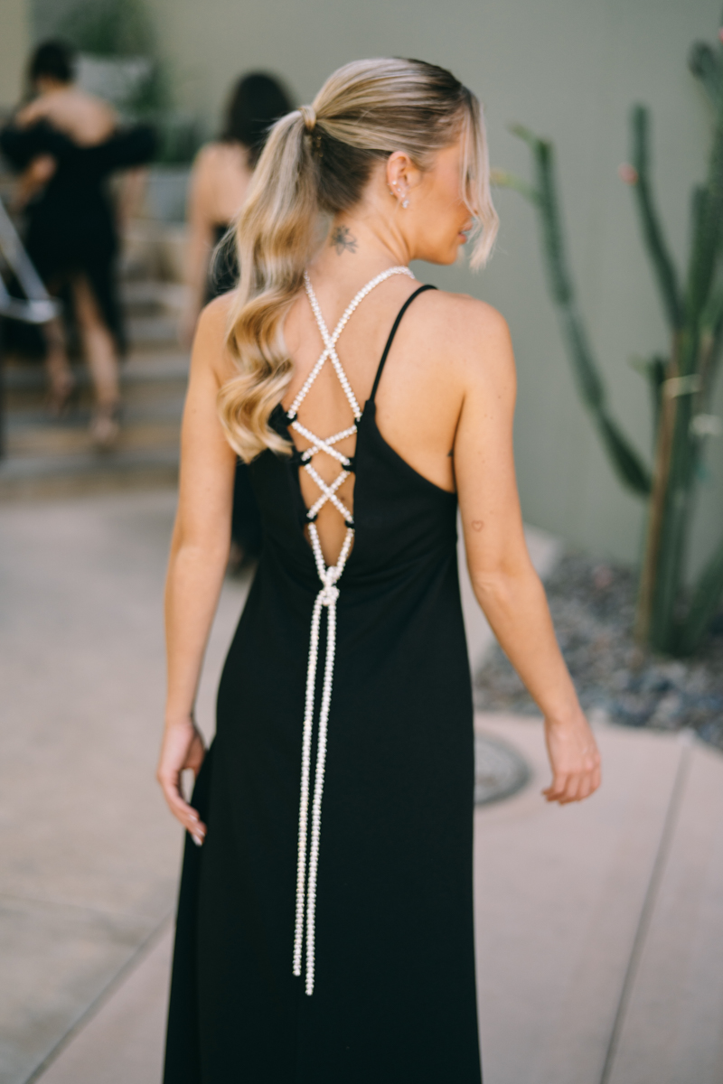 detail shot of a lace up back of a bridesmaid dress