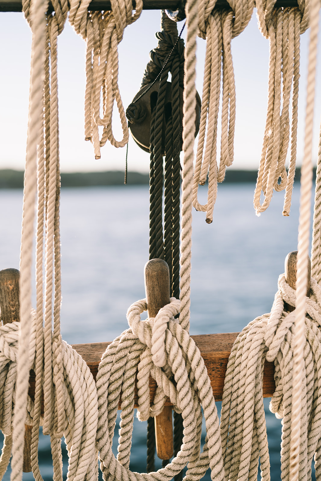 Ropes tied up and hanging on sailboat with water in the background 