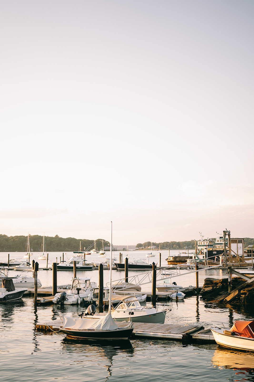 Small boats tied to a dock in the bay with clear blue sky in the background