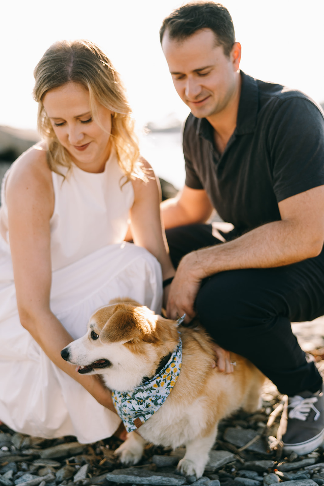 Woman in white dress kneeling down with man in black pants looking at their small dog wearing a small bandana