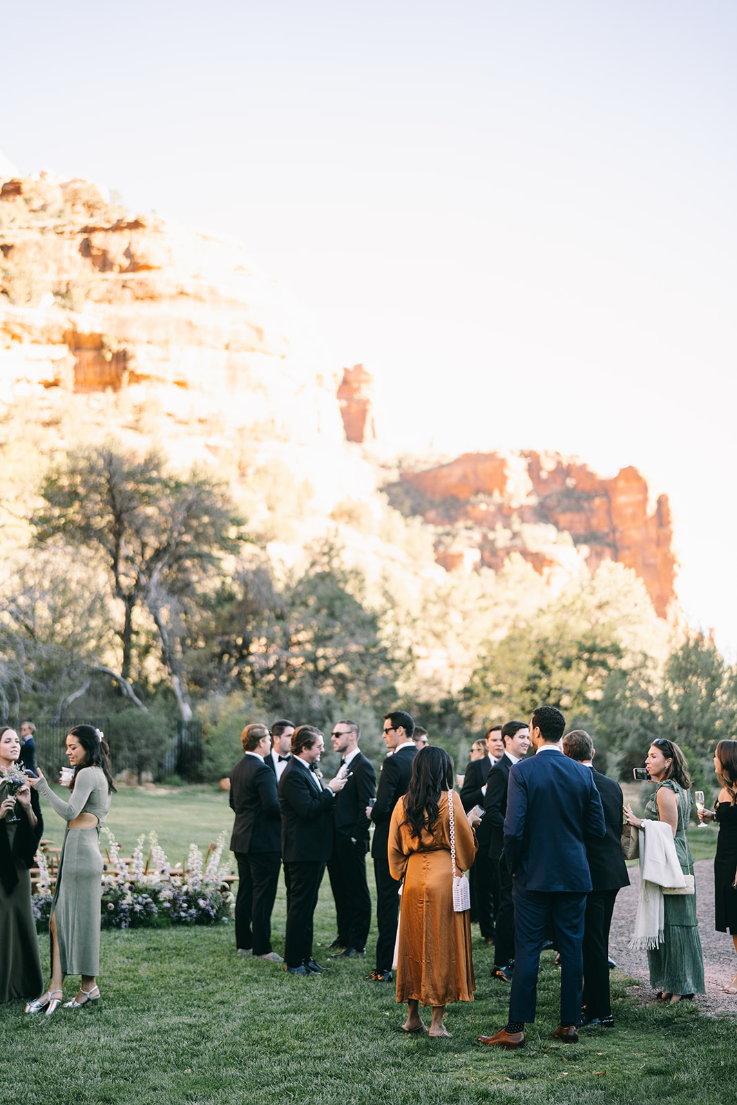 Wedding guests in dark colors standing except one woman in a golden dress with mountains in background