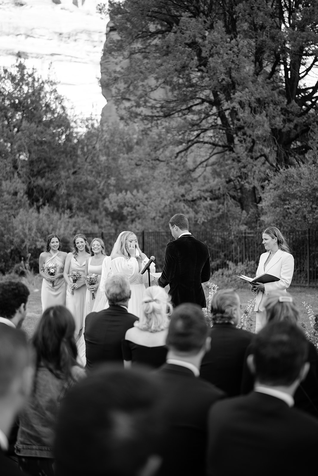 Bride and groom exchaging vows from far away
