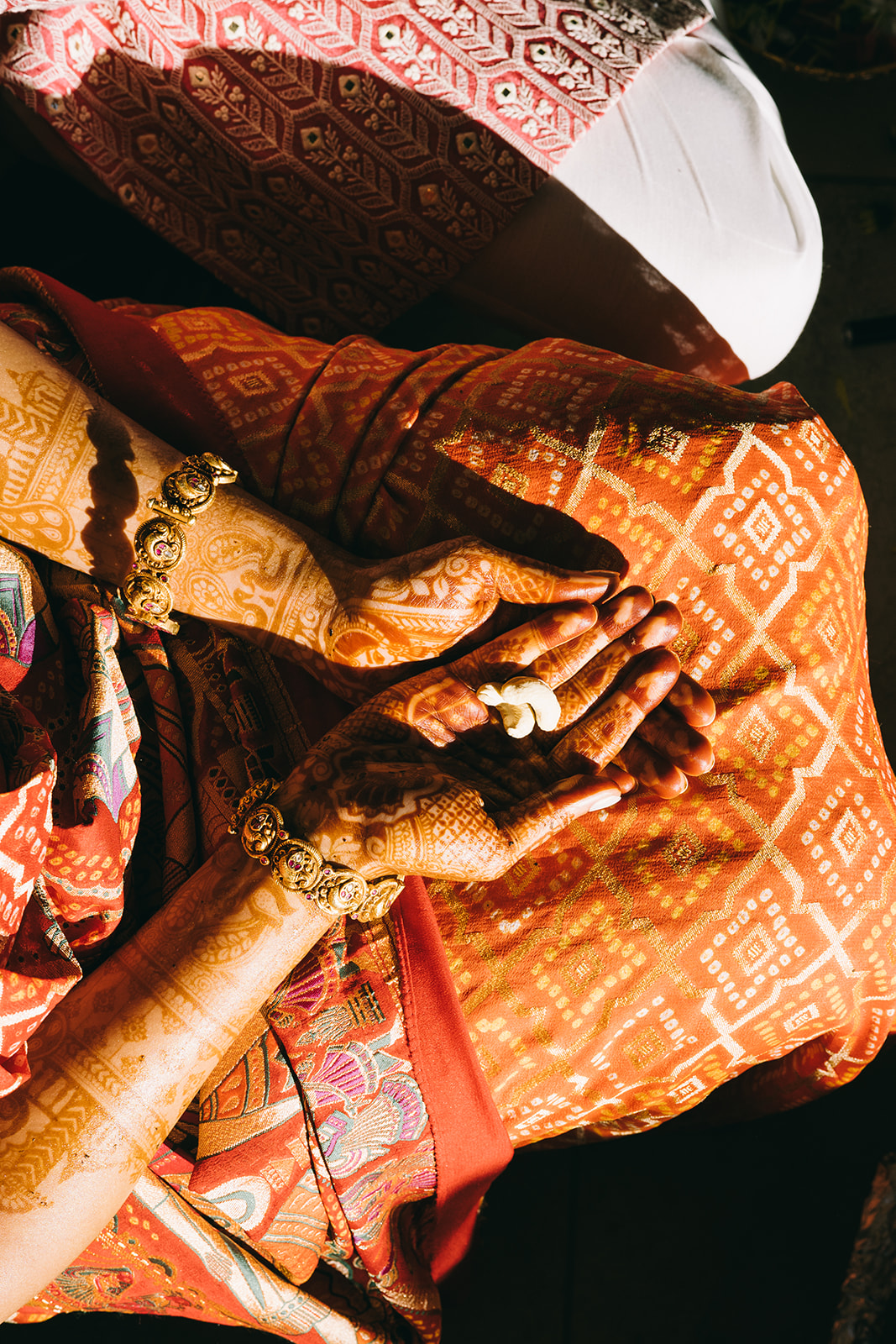 Sunlight on Indian woman's hands with henna holding two peanuts 