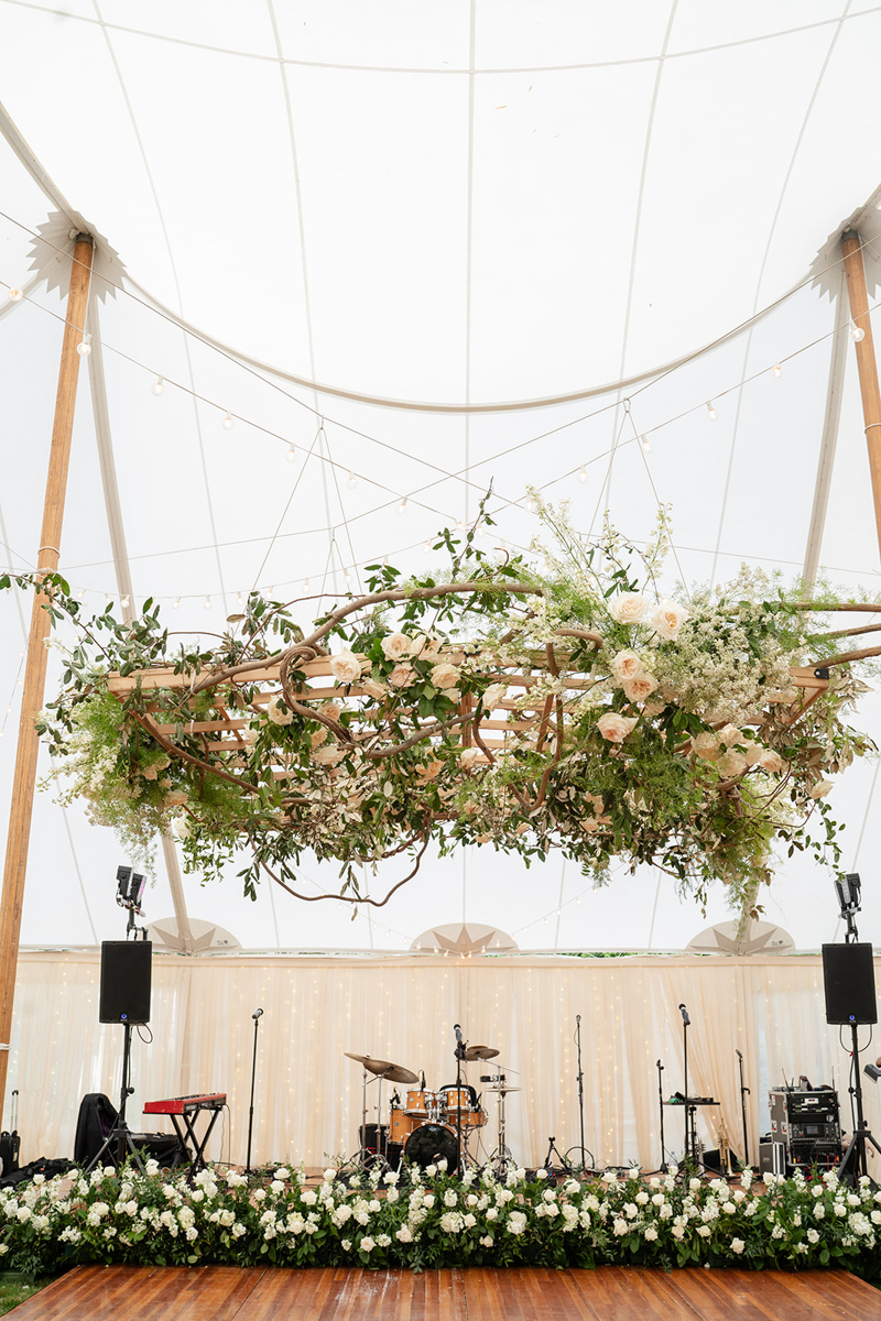 floral installation in tent