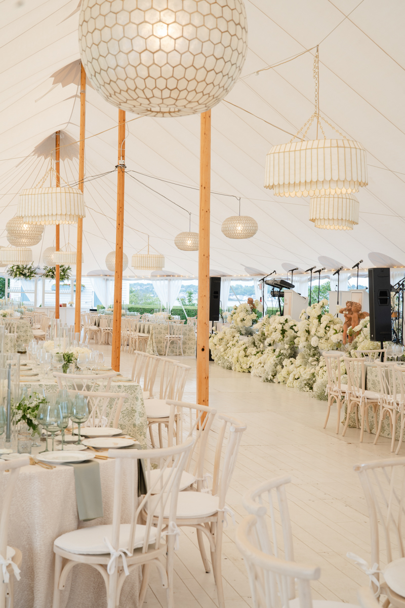 floral covered band area at reception