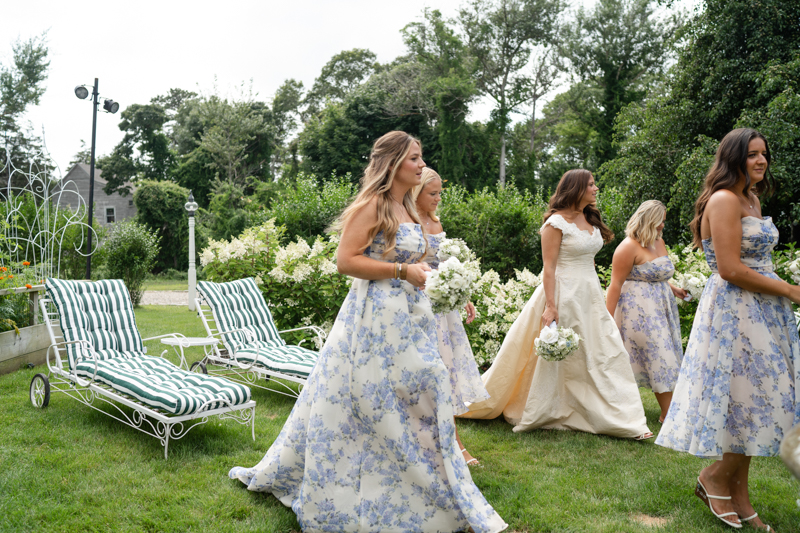 bridesmaids in garden with hydrangea dresses