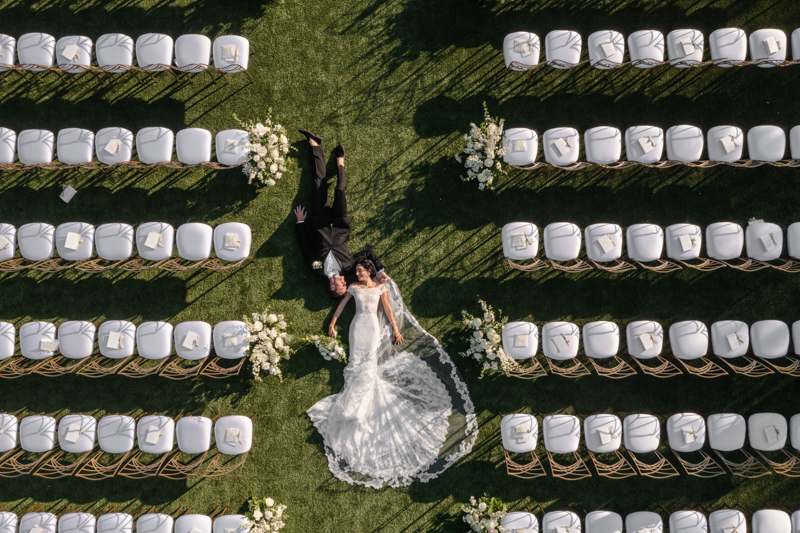 drone photo of bride and groom at ceremony