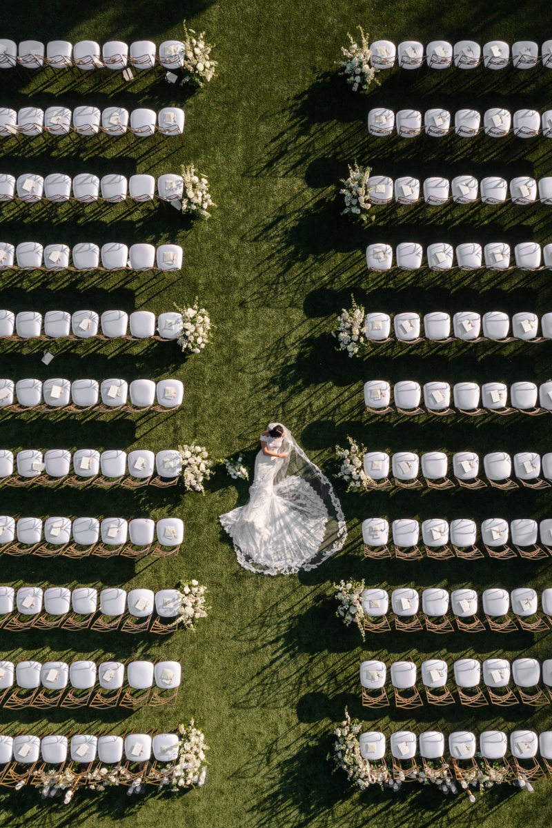 drone photo of bride at ceremony