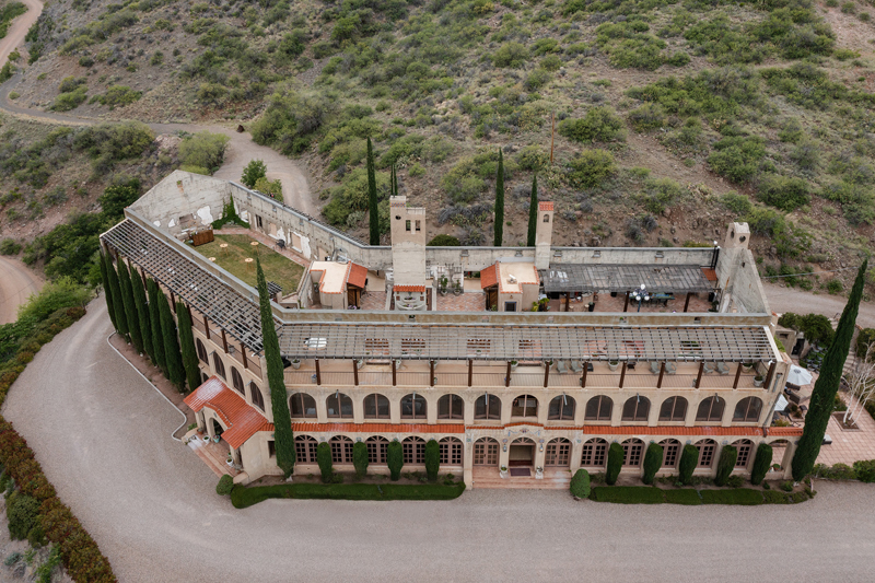 drone photo of the little daisy hotel in Jerome Arizona