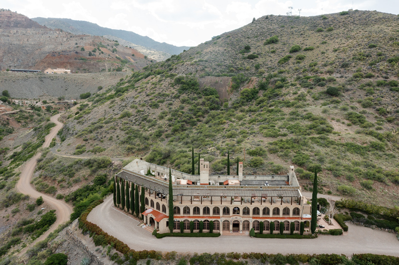 drone photo of the little daisy hotel in Jerome Arizona