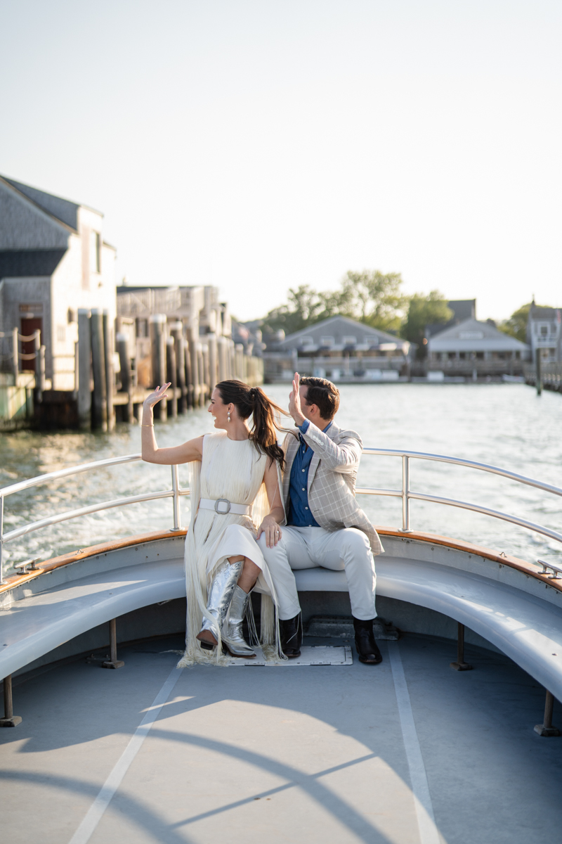 bride and groom on boat on Nantucket