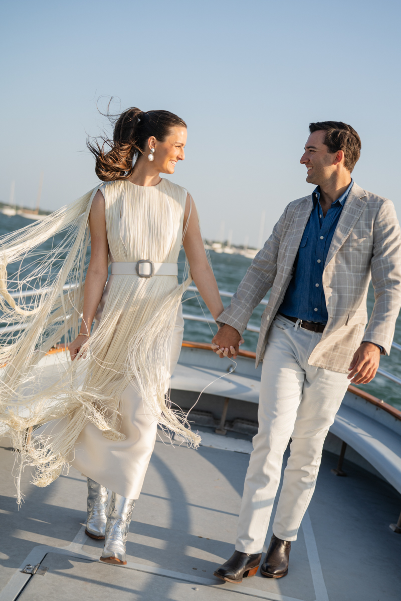 bride and groom on boat on Nantucket