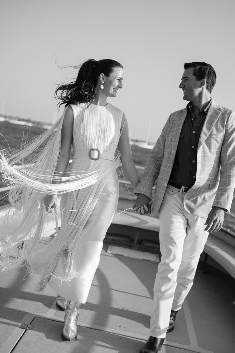 bride and groom on boat on Nantucket