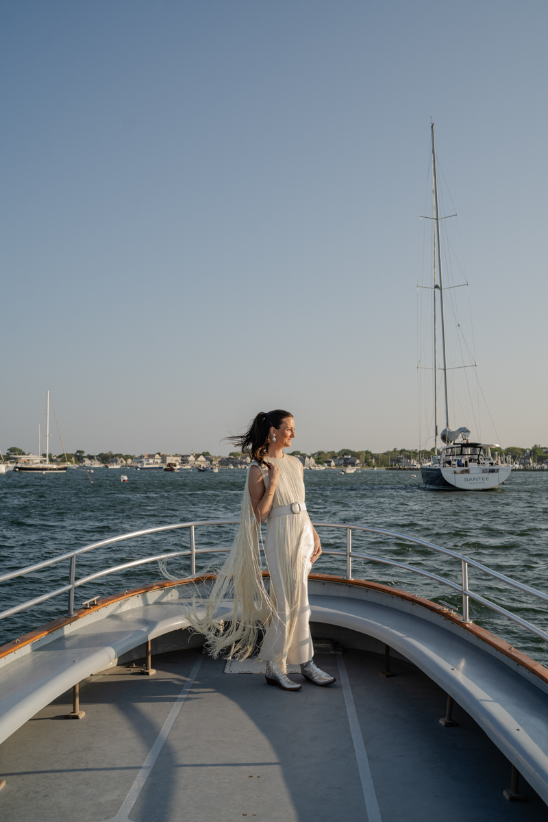 bride and groom on boat on Nantucket