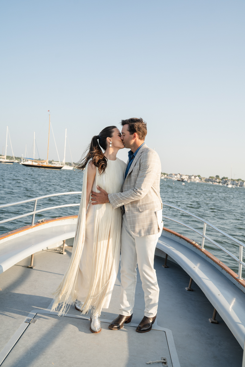 bride and groom on boat on Nantucket