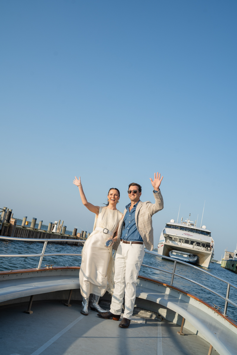 bride and groom on boat on Nantucket