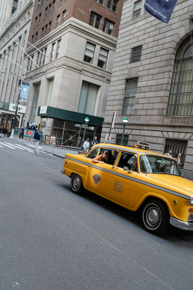 yellow vintage taxi New York wedding portraits