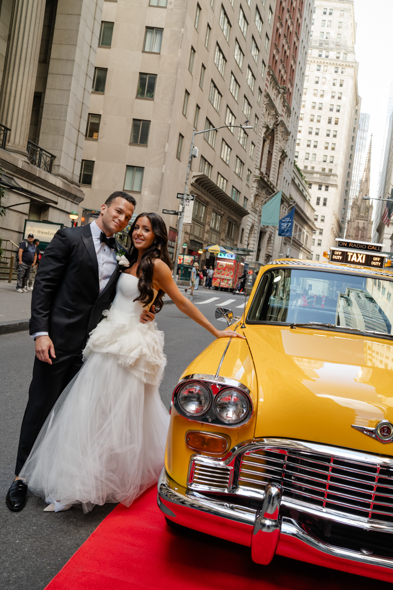 yellow vintage taxi New York wedding portraits