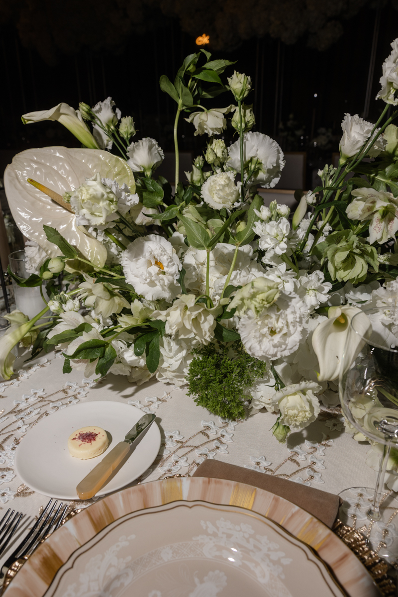 white and green wedding reception