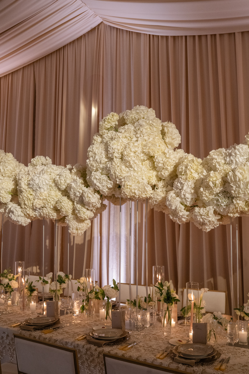 draped ballroom with candles and hydrangea centerpieces